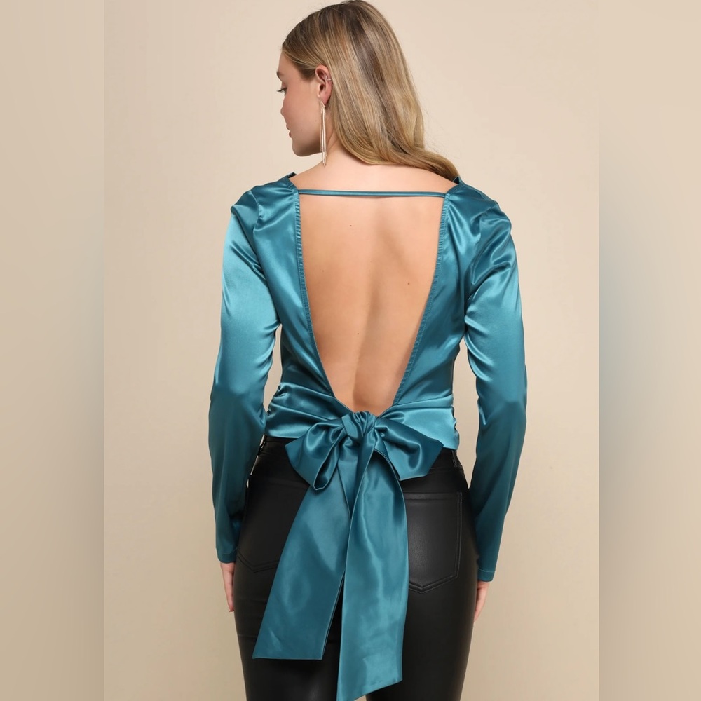 NWT Lulus Lovely Outing Teal Green Satin Cowl Neck Backless Tie-Back Top Size S